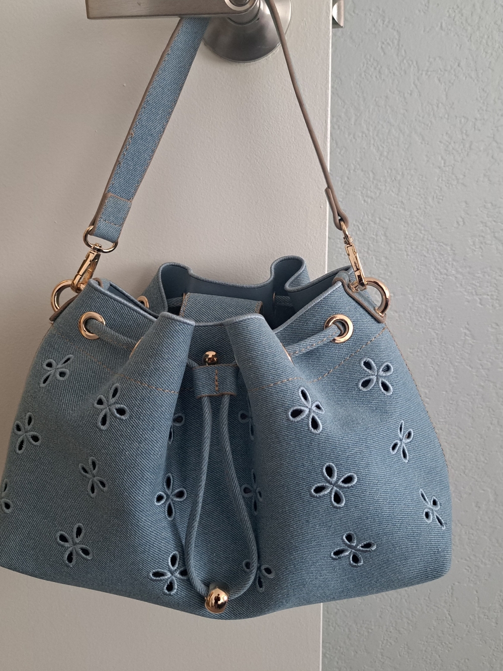 Nanette Lepore Denim Floral Eyelet Drawstring Bucket Bag